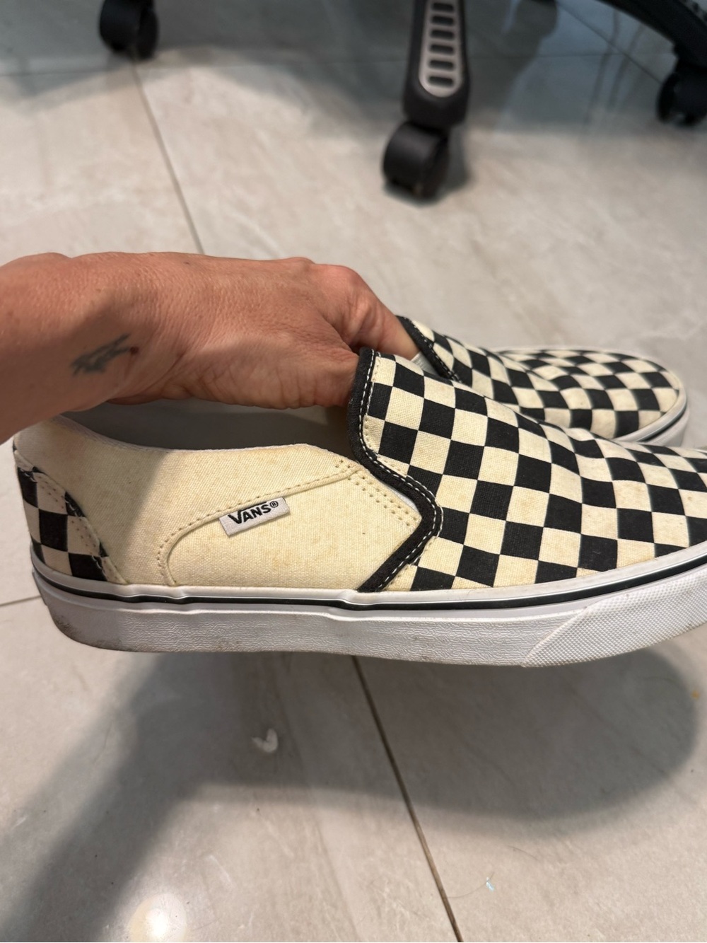 Vans Slip-On Checkerboard Canvas Sneakers in Black & Cream